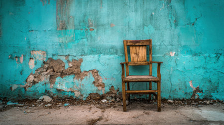 A wooden chair is sitting in front of a blue wall. The chair is empty and he is abandoned. The blue wall behind the chair gives the scene a somewhat desolate and abandoned feelの素材