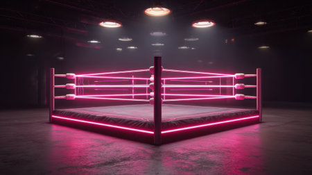 A boxing ring with pink lights and neon colors. Scene is energetic and excitingの素材