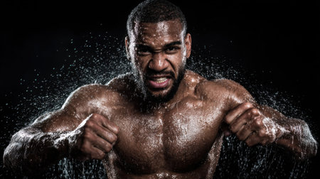 A man with a wet face and body is in the middle of a boxing match. He is in the middle of a punch and is sweatingの素材