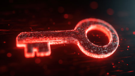 A key is shown in red with a glowing effect. The key is surrounded by a blurry background, giving the impression of a glowing, glowing key. The key is the central focus of the imageの素材