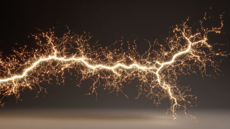 A long, glowing, yellow electrical cord with a lot of sparks. The image has a futuristic, sci-fi vibe to itの素材