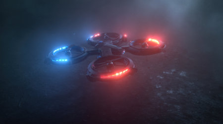 A red, blue and green drone is flying in the air. The drone is surrounded by a blue and red glow, giving it a futuristic and otherworldly appearance. The scene is set in a darkの素材