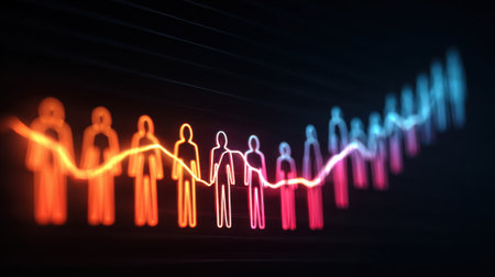 A group of people are shown in a line, with each person having a different color. Concept of unity and diversity, as each person is unique but still part of the same groupの素材