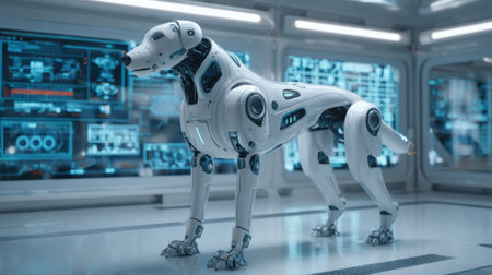 A white robot dog is standing in front of a computer monitor. The robot dog is made of metal and has a robotic appearance. The computer monitor shows a variety of images and dataの素材