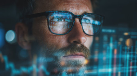 A man with glasses looking at a computer screen with a blurry background. Concept of focus and concentration as the man stars intently at the screenの素材