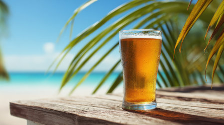A glass of beer is sitting on a wooden table by the ocean. The glass is half full and the liquid inside is clear. The scene is relaxed and peaceful, with the ocean in the backgroundの素材