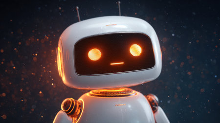 A robot with orange eyes and a frowning face. The robot is white and has a metallic appearanceの素材