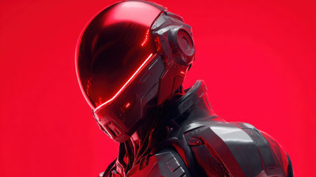 A robot with a red helmet and a black jacket. The robot is standing in front of a red backgroundの素材