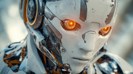 A robot with orange eyes and a white face. The robot is wearing headphones and has a metallic appearanceの素材