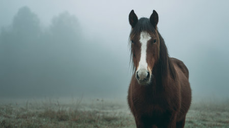 A horse is standing in a field with fog in the background. The horse is looking directly at the cameraの素材