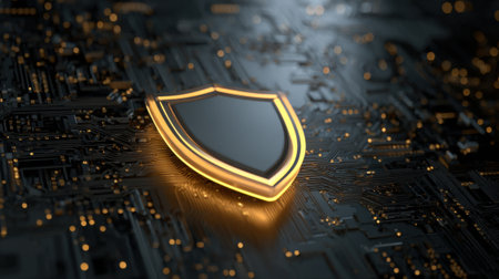 A glowing black shield with a yellow border sits on a black surface. The shield is surrounded by a glowing, metallic frame. Concept of security and protectionの素材