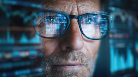 A man wearing glasses is looking at a computer screen with a lot of numbers and graphs. Concept of focus and concentration as the man studies the dataの素材