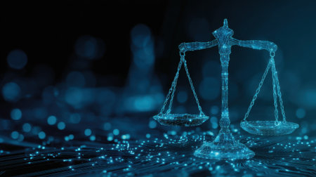 A digital image of a scale with a chain hanging from it. The image has a futuristic and abstract feel to itの素材