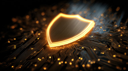 A glowing shield is on a black background. The shield is made of metal and has a shiny, reflective surface. Concept of security and protection, as if the shield is guarding something importantの素材