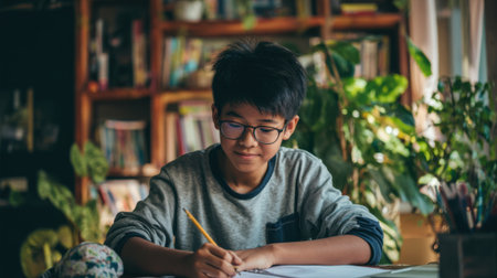 A young boy focuses intently on his studies at a desk cluttered with books and a pencil in hand. Sunlight streams into the room, enhancing the warm atmosphere filled with plants.の素材