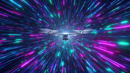 A drone is flying through a colorful, swirling galaxy. Concept of adventure and excitement, as the drone navigates through the vibrant, dynamic environmentの素材
