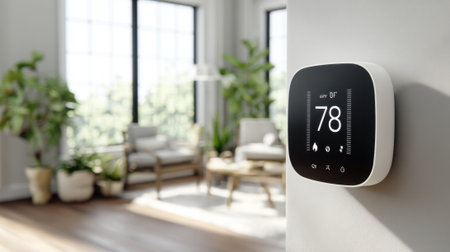 A smart thermostat is mounted on a wall in a living room. The thermostat displays a temperature of 78 degrees. The room is decorated with a couch, a coffee table, and potted plantsの素材