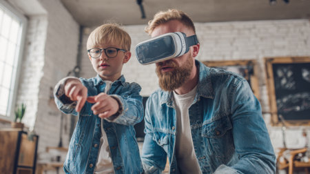 A man and a boy are playing a video game together. The boy is pointing at the screen while the man watches. Scene is playful and fun, as the two are enjoying their time togetherの素材