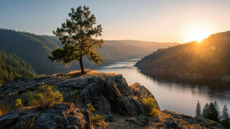 A tree is standing on a rocky hillside next to a lake. The sun is setting, casting a warm glow over the scene. The peaceful atmosphere of the image conveys a sense of tranquility and serenityの素材