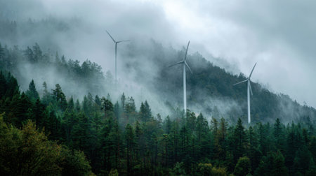 Three wind turbines are on a mountain top, surrounded by trees. The sky is cloudy and foggy, creating a moody atmosphereの素材