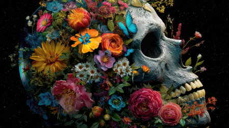 A skull intricately covered in a variety of colorful flowers and butterflies showcases the contrast between life and death, set against a deep black backdrop.の素材