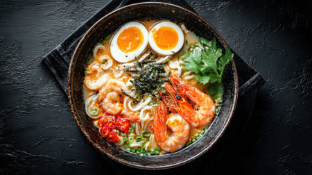 A bowl of ramen with shrimp and eggs. The bowl is on a black table. The dish is full and appetizingの素材