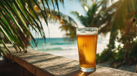 A glass of beer is sitting on a ledge next to a beach. The glass is half full and the beach is visible in the background. The scene conveys a relaxed and leisurely atmosphereの素材