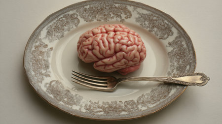 A striking display features a realistic brain model placed atop an ornate vintage plate, accompanied by a silver fork. The unusual arrangement captures attention.の素材