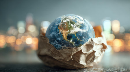 A paper bag with a globe inside of it. The globe is blue and whiteの素材