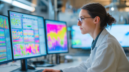 A woman in a lab coat is staring intently at a computer screen displaying a complex set of data. She is focused and determined. The room is equipped with multiple computer monitorsの素材