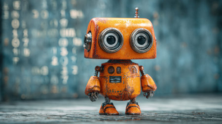 A robot with a face and a small antennae stands on a gray surface. The robot is orange and he is old and rustyの素材