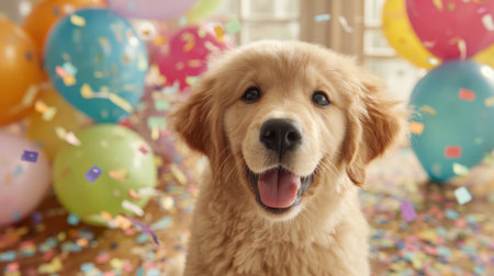 A fluffy retriever golden puppy beams with joy amidst a vibrant celebration filled with balloons and scattered confetti. The cheerful atmosphere captures the essence of happiness.の素材