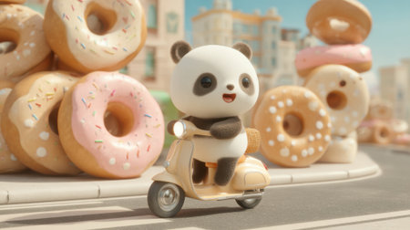 A cheerful panda character rides a small scooter with a joyful expression, passing by an assortment of large, colorful donuts in an animated city setting under bright skies.の素材