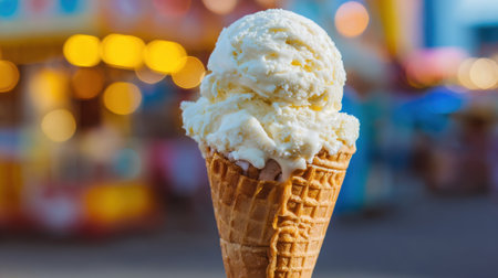 A delicious scoop of vanilla ice cream sits atop a waffle cone, with a vibrant fair background filled with colorful lights and attractions during a sunny summer day.の素材