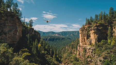 A drone is flying over a mountain range. The sky is clear and the mountains are covered in trees. The drone is flying low to the ground, capturing the beauty of the landscapeの素材