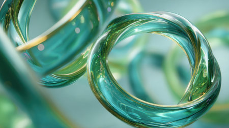Intricate glass loops intertwine in a vibrant array of turquoise and green hues, reflecting soft light and creating a three-dimensional effect.の素材