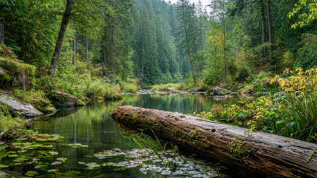 A large log is floating in a river with a lush green forest in the background. The scene is peaceful and serene, with the water reflecting the surrounding trees and the logの素材