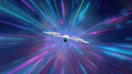 A white drone is flying through a colorful, swirling vortex. Concept of motion and excitement, as the drone seems to be navigating through a dynamic and energetic environmentの素材