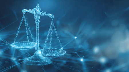 A blue background with a scale of justice. The scale is made of chains and is suspended in the airの素材