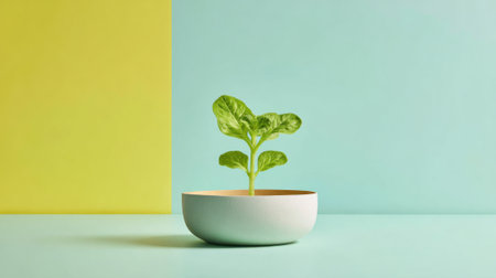 A small plant is in a white bowl on a blue background. The bowl is placed on a tableの素材