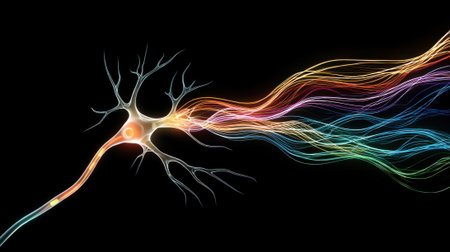 A colorful neuron is shown in a black background. The neuron is shown in a variety of colors, including red, blue, green, and yellow. Concept of complexity and wonderの素材