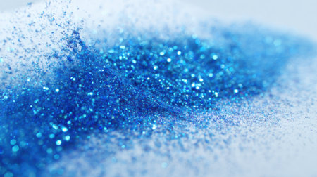 A vibrant pile of blue glitter lies on a smooth surface, reflecting light and creating a captivating sparkling effect ideal for various craft projects and decorations.の素材