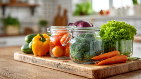 A wooden cutting board with a variety of vegetables including broccoli, carrots, and peppers. The vegetables are in glass jars and are arranged in a visually appealing mannerの素材