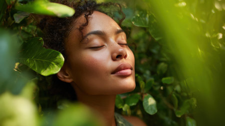 A woman is lying in the grass, looking at the camera. She has a peaceful expression on her faceの素材