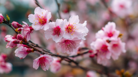 Cherry blossoms flourish in a garden during spring, displaying soft pink petals and bright yellow stamen. The branches are lively and full, signifying the season's arrival.の素材