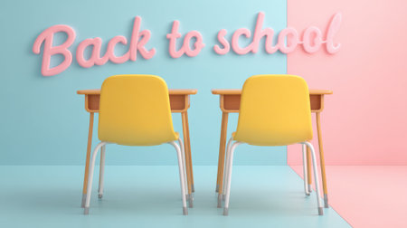 Two yellow chairs sit in front of a pink and blue wall with the words "back to school" written in pinkの素材