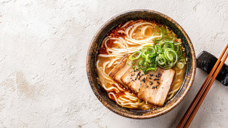 A bowl of ramen with chopsticks on the side. The bowl is filled with noodles and meat, and there are green vegetables on top. The chopsticks are placed on a table, ready to be usedの素材