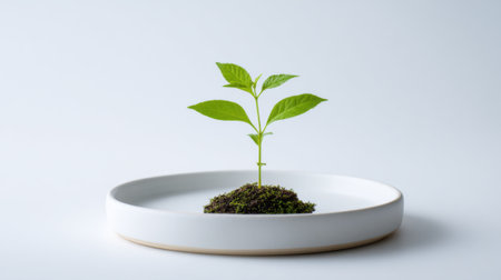 A small plant is growing in a white plate. The plant is surrounded by dirt and he is thriving. Concept of growth and life, as the plant is flourishing in its new environmentの素材