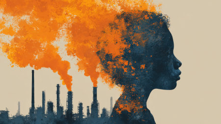 A woman's head is shown with a fire in the background. The fire is orange and the woman's hair is also orange. The image is a representation of the effects of pollution on the environmentの素材