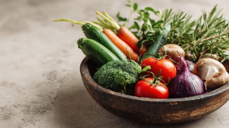 A bowl of vegetables including broccoli, tomatoes, onions, and mushrooms. The bowl is wooden and placed on a counterの素材